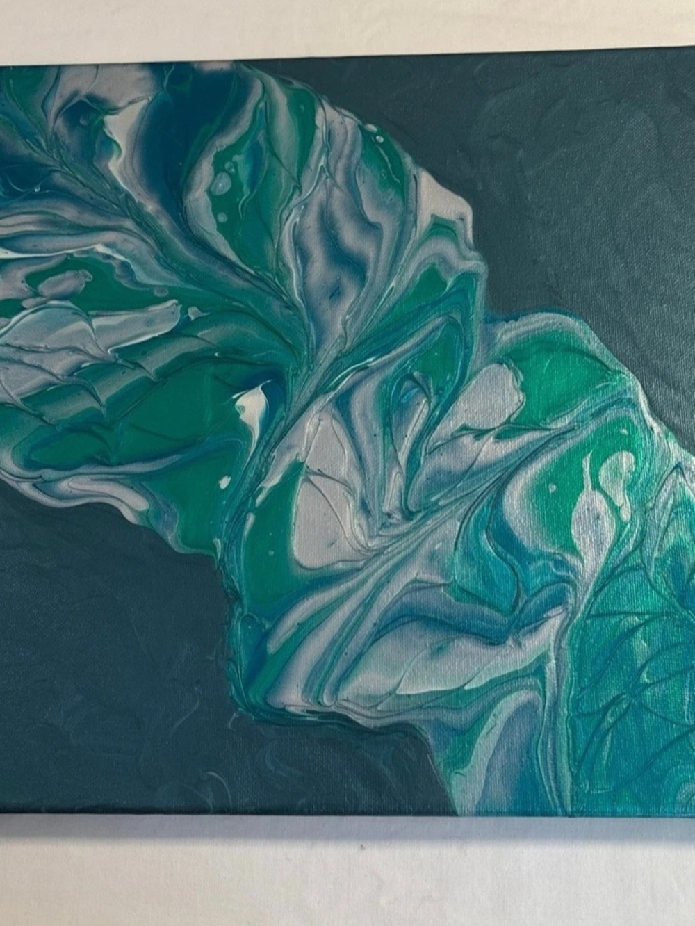 Pour Painting- Abstract Green/Silver/Blue Canvas Painting Glossy Finish